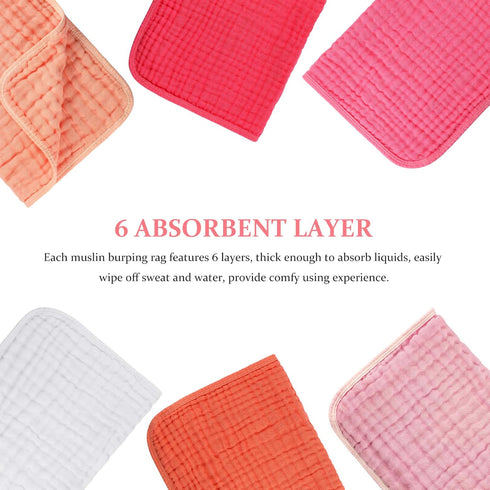 Hicarer 6 Count Muslin Burp Cloths, Cotton Baby Burping Rags, Large 20 x 10 Inch, Soft Absorbent Multicolor Wash Cloths