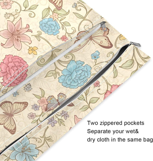 Burbuja 2 Pack, 2 Floral Butterfly Wet Dry Bags for Baby Cloth Diaper Waterproof Reusable Wet Bag with Zippered Pockets