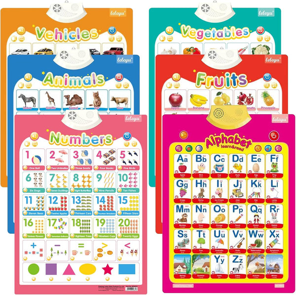 6Pcs Electronic Interactive Alphabet Wall Chart - ABC Learning Toys for Kids, Talking 123s, Animals & Vegetables
