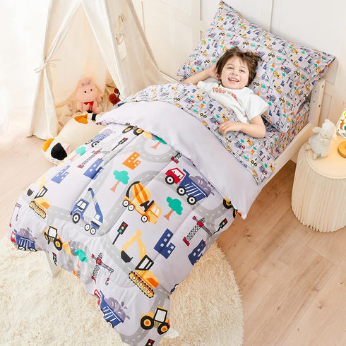 lasoftan Set 4 Sets, Set Construction Toddler Bedding for Boys, Piece Bed-in-a-Bag Toddler Comforter Excavator, Cars