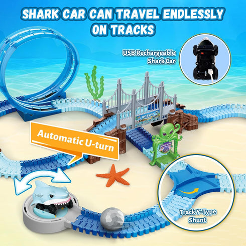 219 Set 360 3-8 VATOS Shark Track Toys - Pcs Flexible Race Track with Loops, Electric Shark Car & Auto-Rotating, Create