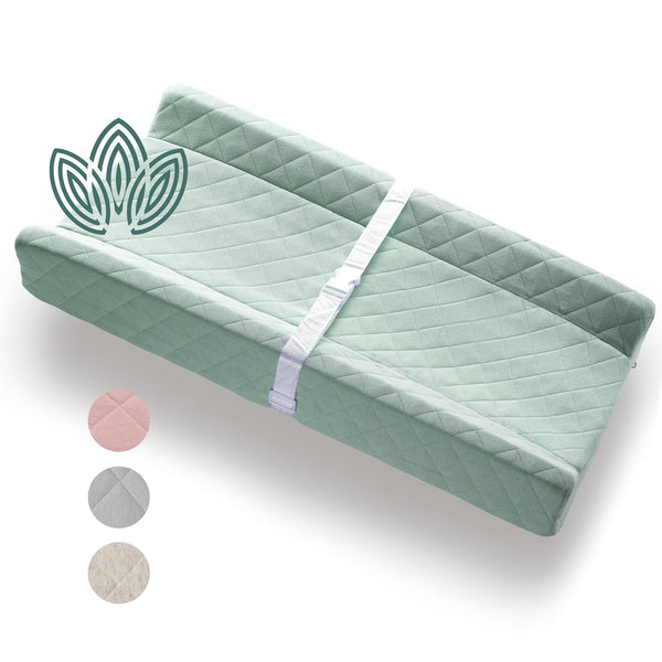Organic Cotton Contoured Baby Changing Pad with Waterproof Foam Mattress, Soft Removable Cover, Safety Strap