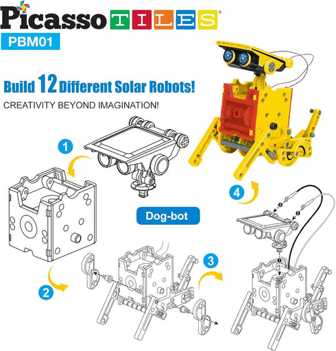 PicassoTiles STEM Kids Solar Powered Transformer Robot, 12-in-1 Educational Building Toy for Age 8+
