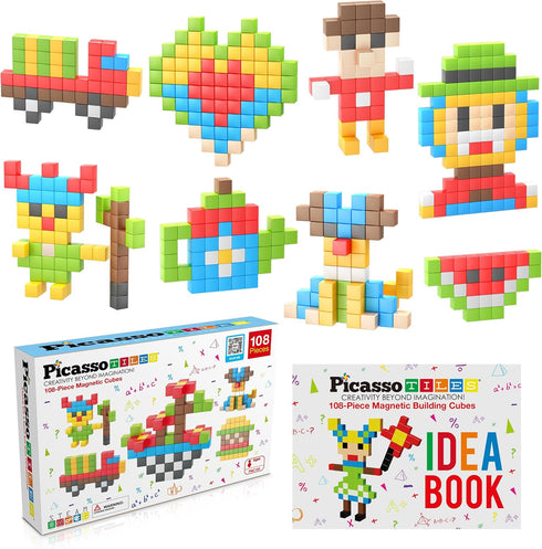 Picasso Cubes 1” Magnetic Puzzle Cubes, 108 Piece Building Block Set for Early Education STEM Learning