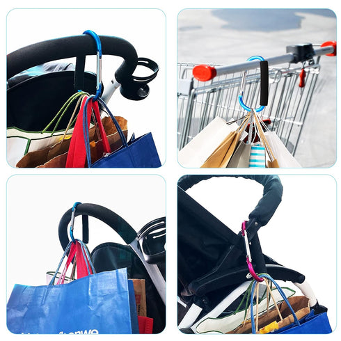 4 Pack Large Carabiner Stroller Hooks, 5.5" D Style Click and Carry Bag Carrier (Light Blue and Rose Red)