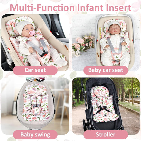 Infant Car Seat Insert with Removable Cushion for Baby Girls, Reversible Newborn Carseat Insert for Baby Head Body