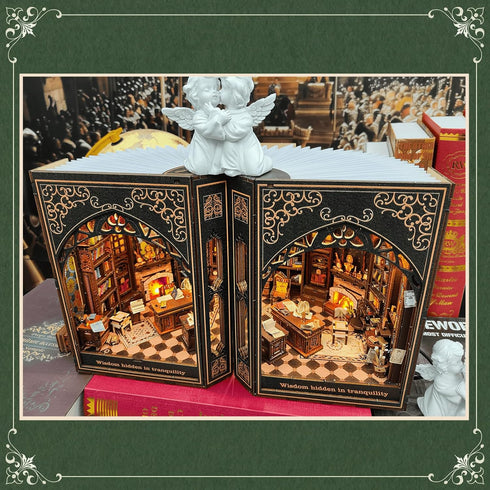 Nookmaster Book Nook Kit Classical Library Miniature Dollhouse Book Nook Bookshelf Insert with LED Lights, Creative DIY