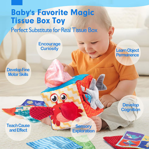hahaland Baby Tissue Box Toy - Baby Toys 6-12 Months Montessori Toys for 6 Month Old Toys with Textured Tails, Cloth Tissues, Crinkle, Squeaky Sounds, Mirror