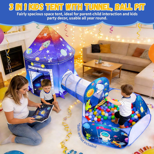 3 1 Set in Rocket Ship Play Tent with Tunnel Ball Pit for Kids Space Themed Pop Up Playhouse Indoor Outdoor Astronaut