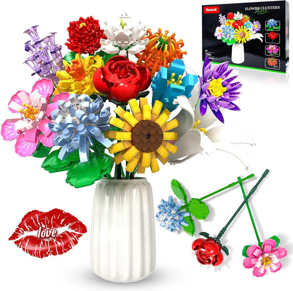 mesproud Flower Bouquet Building Set,1009PCS Creative DIY Plant Bouquet Decoration,12 Artificial Flowers Botanical