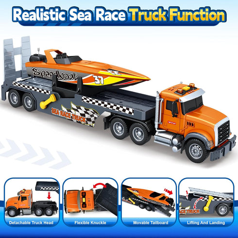 3 4 5 6 7 21" Bstoyder Toddler Boy Toys for Years Kids, Semi Flatbed Truck Toy with a Sea Race Truck, Friction Powered