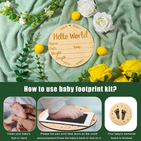 LUTER 5.9 Inch Baby Announcement Sign, Round Birth Nursery Name Signs with Ink Pad for Baby Hand and Footprints Wooden