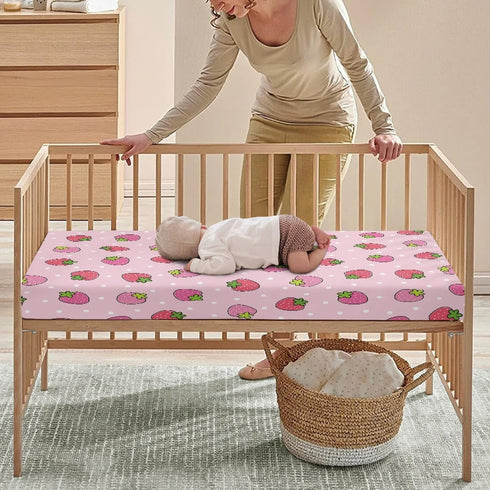 JEPFEIXIA 28"x52" Pink Strawberry Fitted Crib Sheet for Girls Cute Strawberries Baby Sheet for Standard Crib