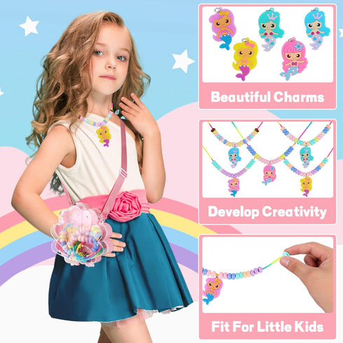 FLYINGSEEDS Mermaid Necklace Making Kit for Little Girls, Beads Jewelry Toys with Shoulder Box, Beaded Arts and Crafts Best Gifts for Toddlers Kids Age 3-5 4-6 7 8 9 10 by FLYINGSEEDS