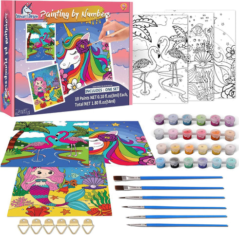 3 Pack Paint-by-Numbers Kit for Kids, 8x10 Inch Framed Canvas with 24 Acrylic Paint Pots, 6 Brushes, Art Set
