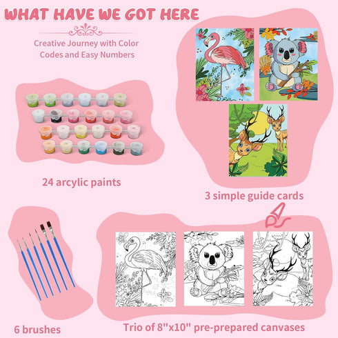 Paint By Numbers Kit For Kid and Adult, 3 Pack Pre Drawn Canvas, Includes 8x10 Inch Framed Canvas with 24 Acrylic Paint Pot, 6 Brushes For Kids, Crafts Gift For Girls 6-12, Art Supplies, Paint Set