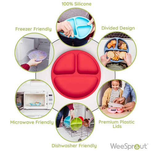 WeeSprout Silicone Plates with Lids for Babies & Toddlers (3 Pack) 100% Food-Grade Dishes for Self Feeding, Divided Design & Raised Edges for Picky Eaters, Dishwasher & Microwave Safe Weaning Supplies by WeeSprout