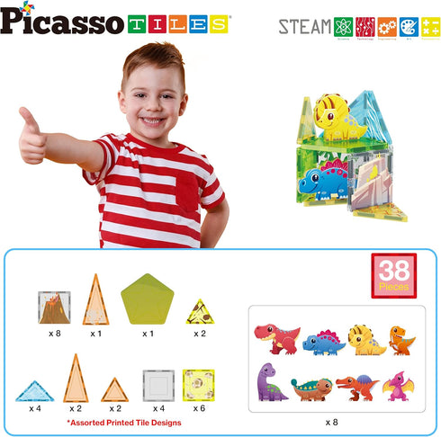 PicassoTiles Magnet Tiles Building Blocks, Dinosaur Theme Set with 8 Magnetized Action Figures, STEM Learning Activities