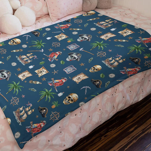 Ocean Pirate Ship Skull Parrot Palm Trees Baby Blanket, Nautical Nursery Receiving Blankets for Boys 30x40