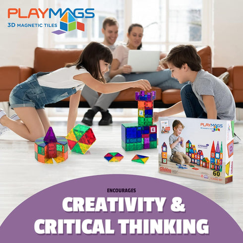 Playmags Magnetic Tiles for Kids - 60 Pc Magnet Blocks with ABC Click-ins, STEM Development Building Toys for Toddlers