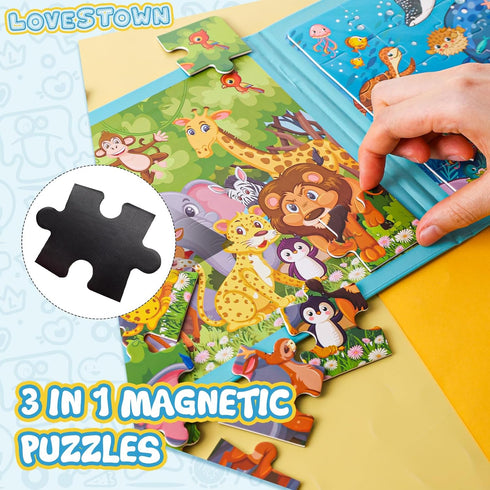 LovesTown Magnetic Travel Puzzles Book - Animal Wooden Magnetic Puzzles for Toddlers Learning on Road Trips