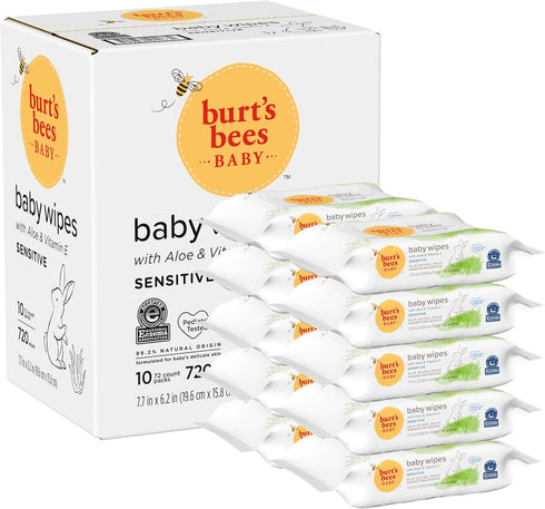 Unscented Natural Baby Wipes by Burt’s Bees - 72 Wipes in 10 Pack for Sensitive Skin with Aloe and Vitamin E