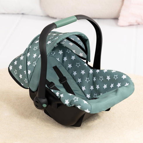 18" Bayer Design Reborn Baby Doll Car Seat with Sun Shade Canopy - Grey-Green Stars, Portable Doll Carseat for Dolls