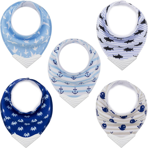 Giftty Baby Teething Bibs, 5-Pack Bandana Bibs with Teether, BPA-Free Cotton Drool Bib for Boys and Girls (Aqua)