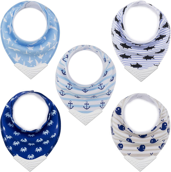 Giftty Baby Teething Bibs, 5-Pack Bandana Bibs with Teether, BPA-Free Cotton Drool Bib for Boys and Girls (Aqua)
