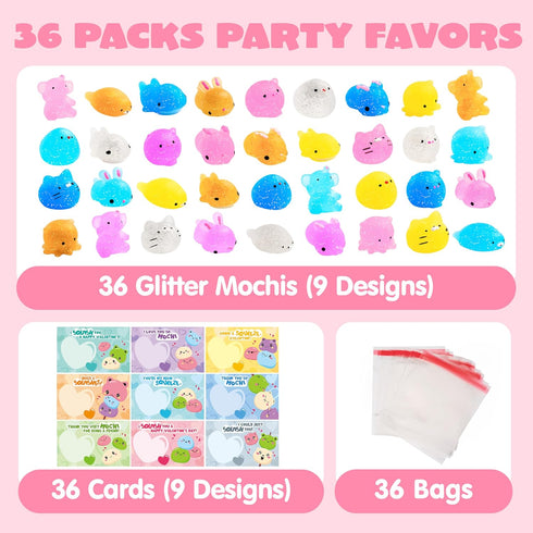 36 Packs JOYIN Valentines Day Gift Cards with Glitter Mochi Squishy Toys, Stress Relief Fidget Toys, Critter Mochi
