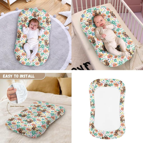 Sarogrorin Highland Cow Floral Baby Nest Pillow Cover Colorful Flowers Babies Infant Lounger Cover Green Foliage Baby