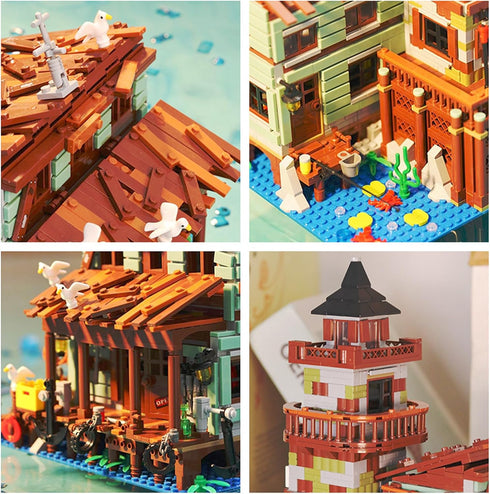 1881PCS Fishing Village Cabin Mini Building Blocks Toys with LED Lighting, Creative Architecture Building Sets for 6+