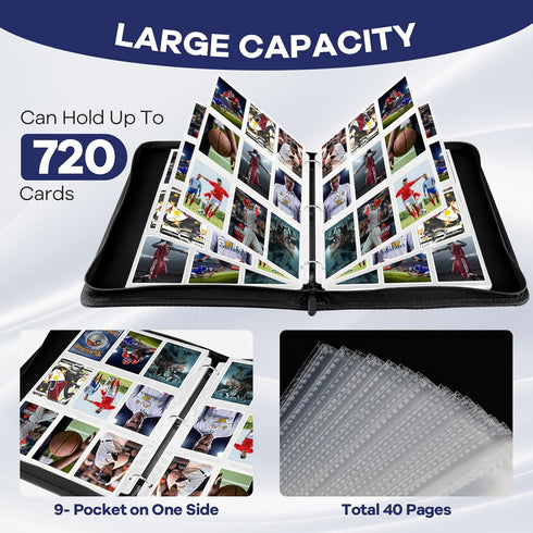 Premium 720 Double Sided Pocket Trading Card Binder, 9 Pocket, Collectible Card Albums for MTG, TCG, Sports Cards