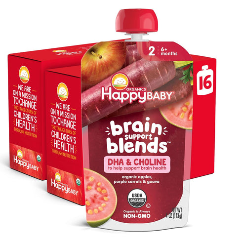 Happy Baby Organics Brain Support Blends Apples, Purple Carrots & Guava with DHA, Choline 4oz Pouch (Pack of 16)
