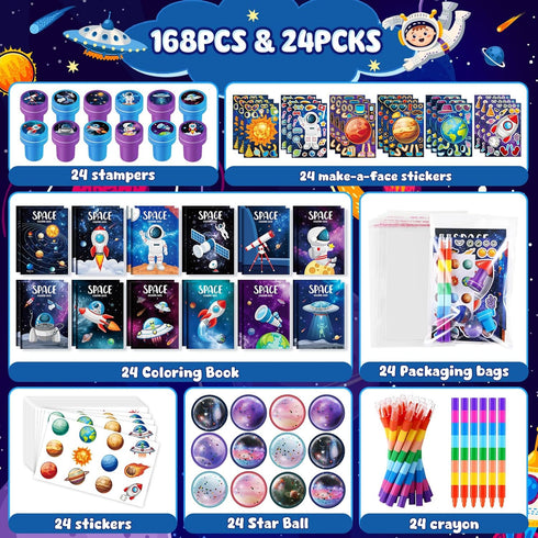 168Pcs Set BenLouis Outer Space Themed Party Favors Space Alien Coloring Books Crayons Sticker Stampers Bulk Classroom