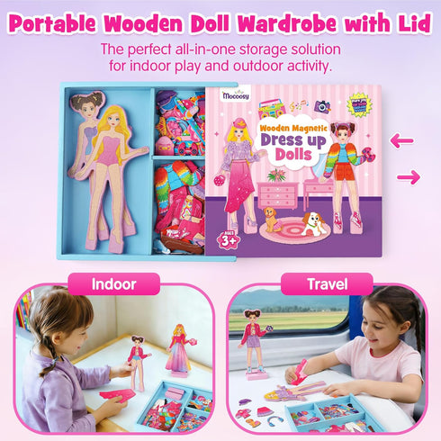 3 4 5 6 7 8 Mocoosy Wooden Magnetic Dress Up Dolls for Girls Pretend Play, Magnet Dolls with Storage Case, Travel Game