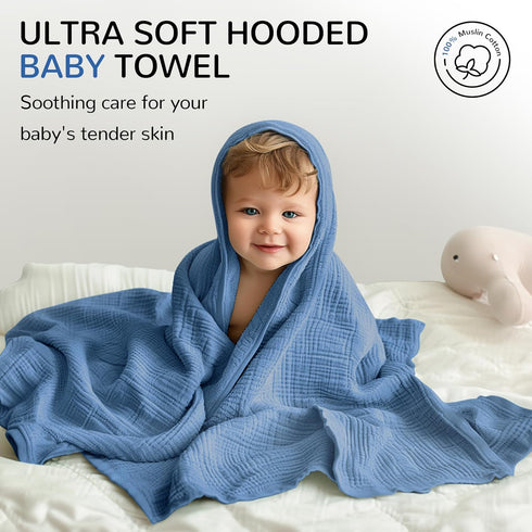 3 Pack (35 35'') Muslin Hooded Towels, Cotton Bath Towels With Hood for Newborn, Infant, Toddler - Soft and Absorbent
