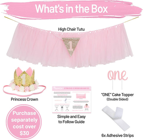 1st Birthday Girl Decorations - High Chair Tutu Skirt with No.1 Crown, Cake Smash Banner, Princess Crown, 'ONE' Cake