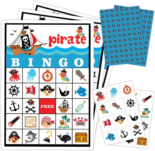 Pirate Ship Adventures Bingo Game Cards for 24 Players - Large Group Skull Party Activity Supplies