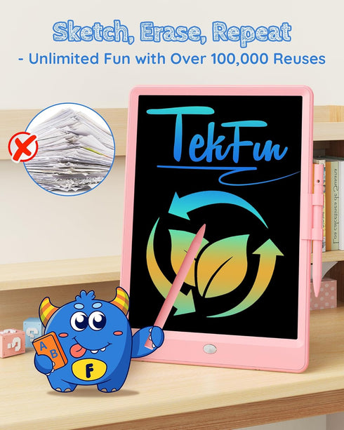 TEKFUN 10inch LCD Writing Tablet Doodle Board, Colorful Drawing Pad for Kids, Mess Free Coloring, Toys Gifts (Pink)