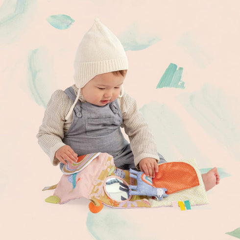 Manhattan Toy Llama Themed Soft Baby Activity Book with Squeaker, Crinkle Paper, Baby-safe Mirror