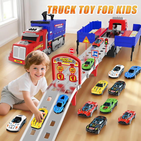 3, 4, 5, 6, 7, 8 6 Carrier Truck Race Track Toys, Truck Toys for Years Old Kids, Foldable Transport Truck Toys Car