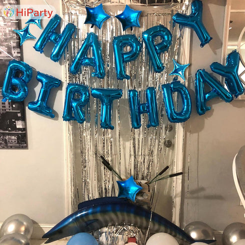 Blue Happy Birthday Balloons Banner, Mylar 3D Foil Letter Banners & 6 Star Balloons, 3-in-1 Party Decorations for Kids