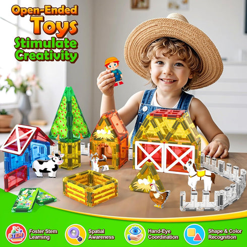 Set, Immersive 3-5, 3D Magnetic Tiles Farm Animals Storytelling Building Blocks for Toddlers Farm House STEM Toys