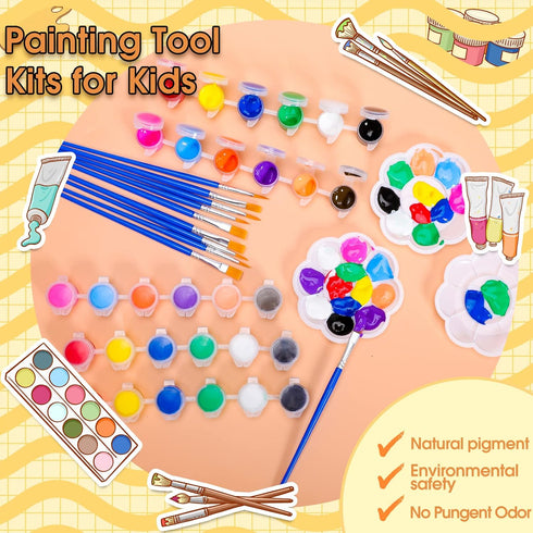 6 PCS Mini Paint Set, Kids Washable Acrylic Paint Strips Set with 12 Filled Colors, 12 Brushes, 6 Mixing Palettes