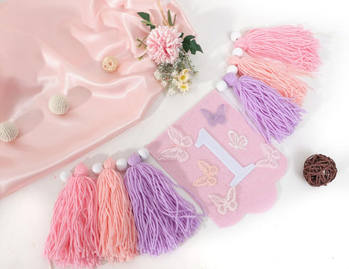 BASCT 1st Butterfly Birthday High Chair Banner - Fairy Pink and Purple Tassel, Spring Decoration for Girls (Highchair