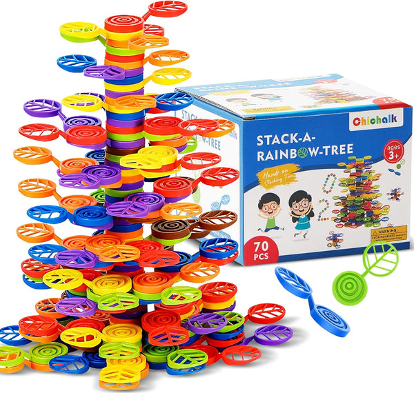 Stack-a-Rainbow-Tree 70 Piece Plastic Stacking Blocks, Balance Game Building Toys for Kids Ages 3-8, Montessori Gifts