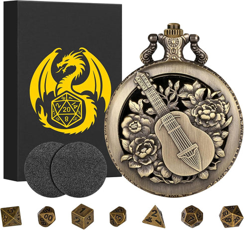 Mini DND Dice Set Steampunk Hollow Bard Pocket Watch Shell Case, 7pcs Tiny Polyhedral Metal Dice