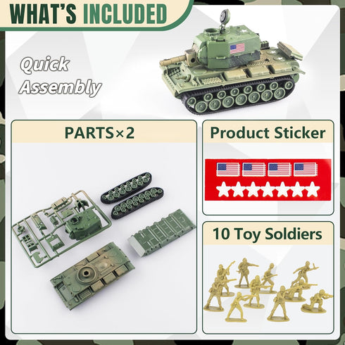 1:72 US Army Tank & Army Men Toys Playset, 2pc US Tank-7 Models, 10pc Toy Soldiers, Desert Tan & Olive Drab Green