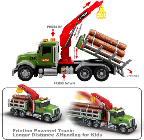 Dwi Dowellin Kids Toys for 3-7 Years Old Boys, 15" Large Timber Truck with Loading Crane and 6 Trunks, Birthday Gifts